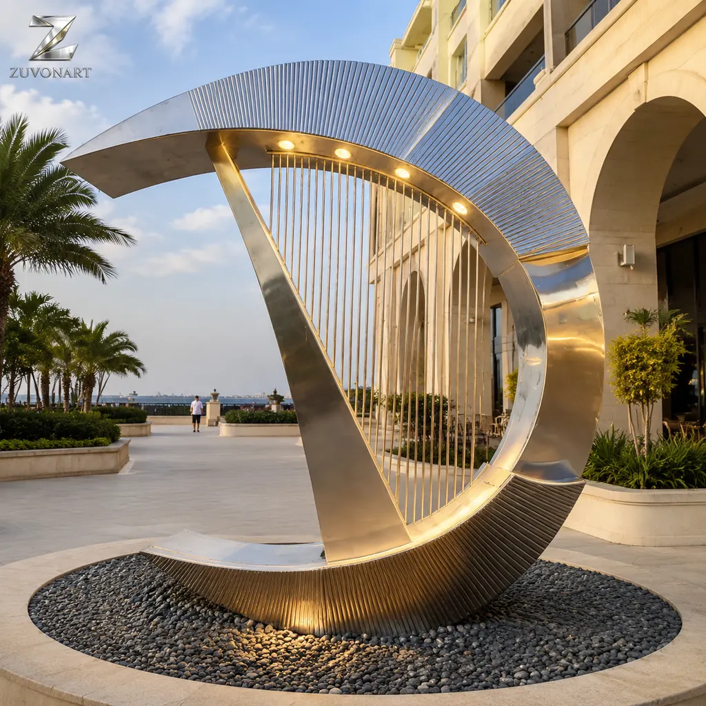 A tilted angular ring frames a falling water effect above a basin.