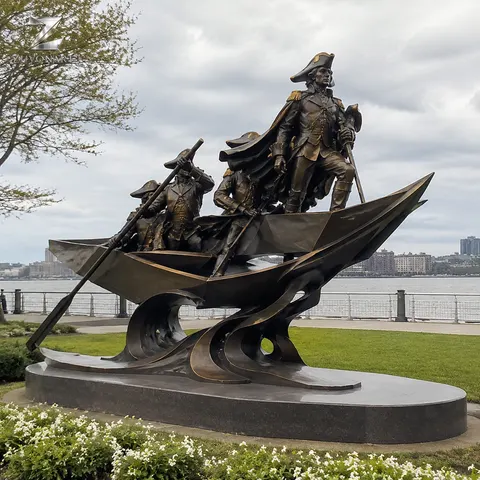 A boatman figure and long narrow boat create a narrative sculptural grouping.