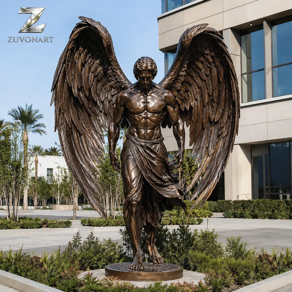 A standing angel-like figure is framed by a broad pair of feathered wings.