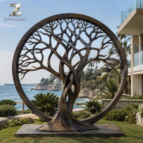 A branching tree pattern fills a freestanding circular openwork screen.