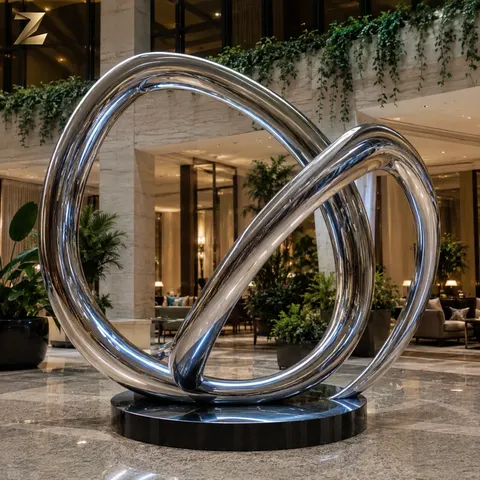 A continuous reflective band folds into a rounded knot with overlapping loops.