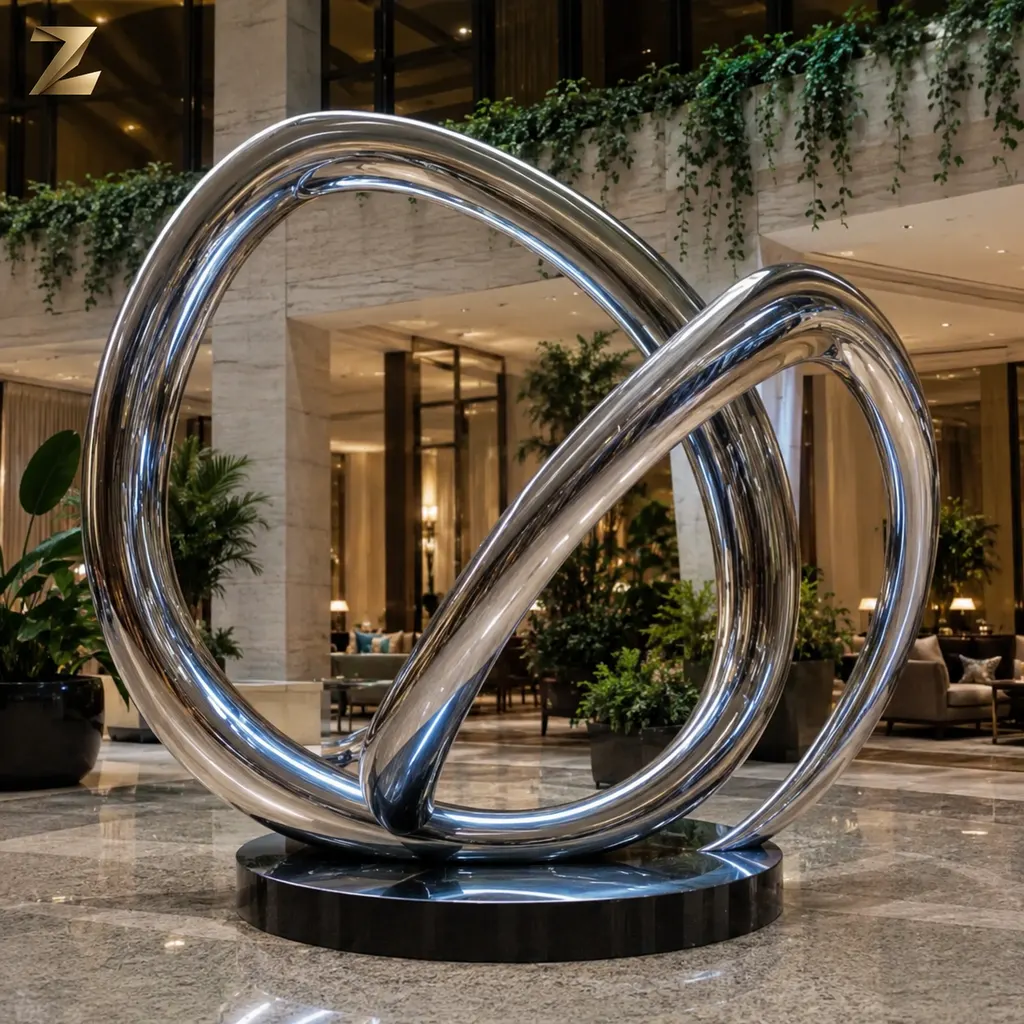 A continuous reflective band folds into a rounded knot with overlapping loops.