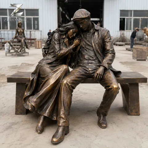 Two seated elderly figures share a bench in a quiet conversational grouping.