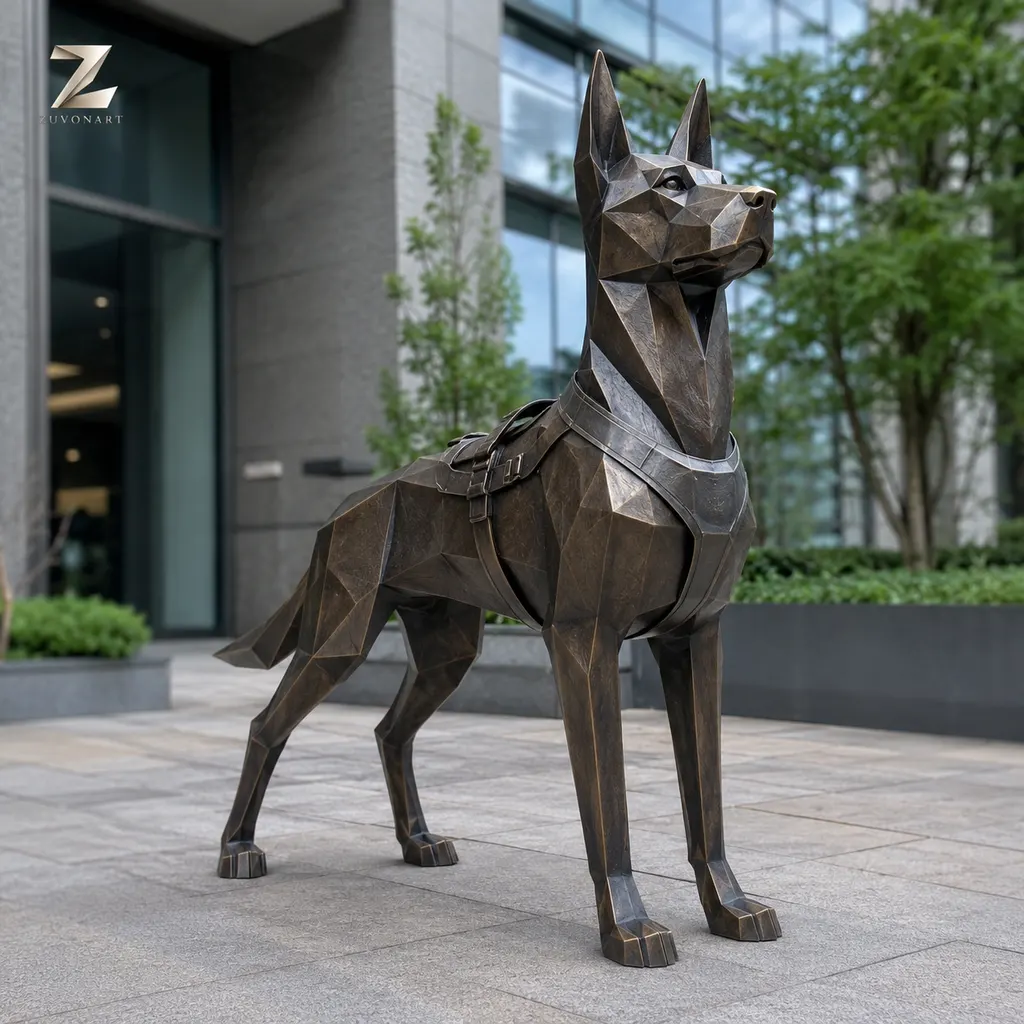 An angular standing dog is reduced to crisp geometric planes.