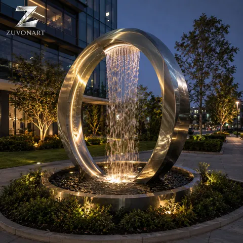 An upright oval frame suggests a falling curtain of water within its opening.