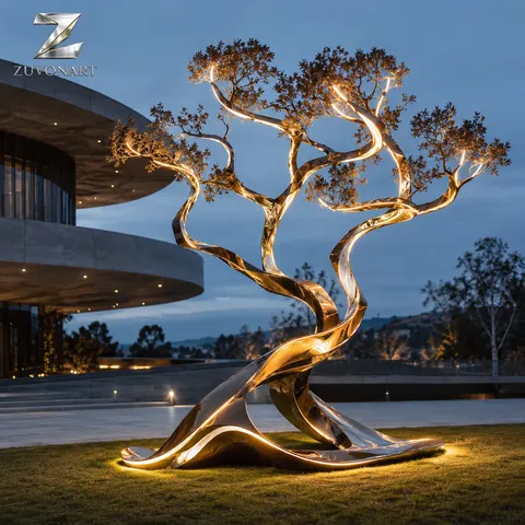 A golden branching tree-like sculpture spreads a luminous canopy above a single trunk.