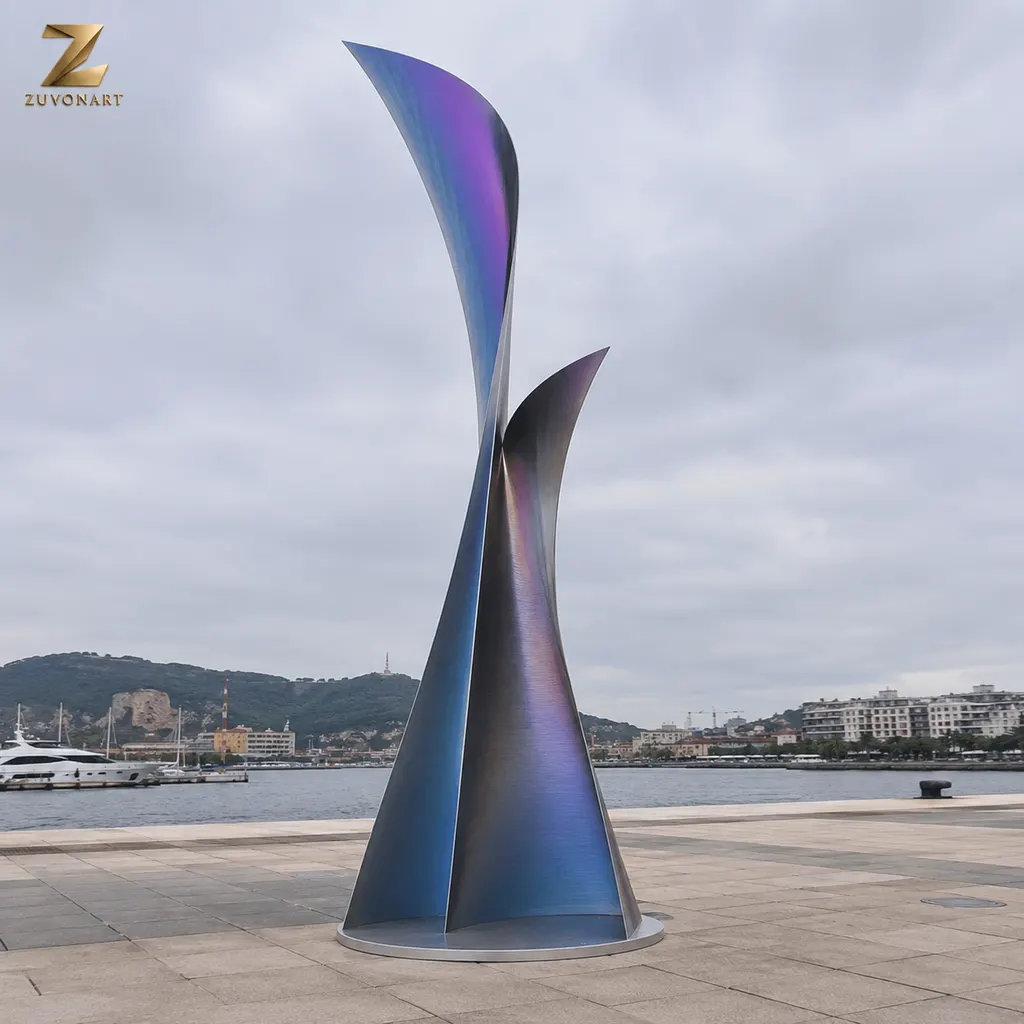 A tall twisting blade carries a blue-to-purple reflective color direction.