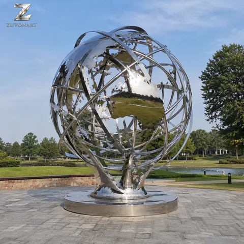 Intersecting circular bands surround a lattice-like globe form.