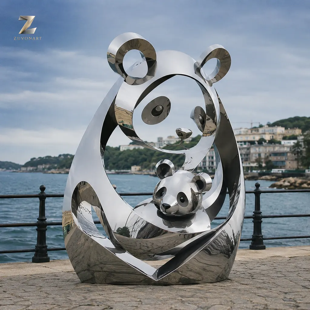 A rounded adult panda and smaller cub form a paired reflective animal composition.
