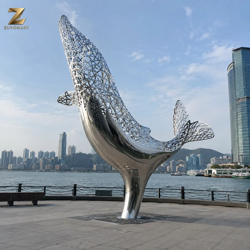 A whale rises in an arcing pose with a perforated, openwork body.