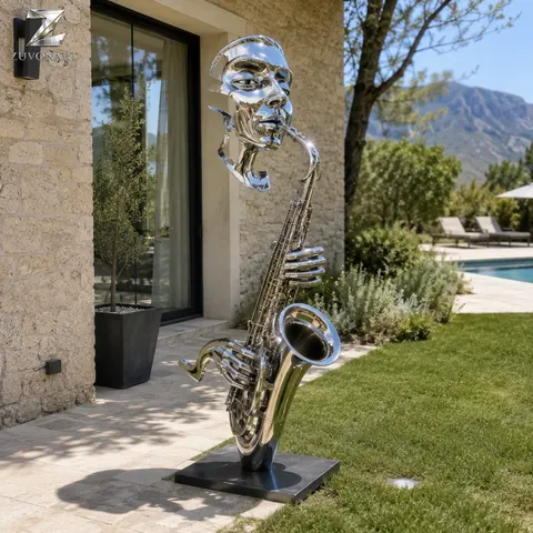 An enlarged saxophone outline becomes a reflective freestanding music sculpture.