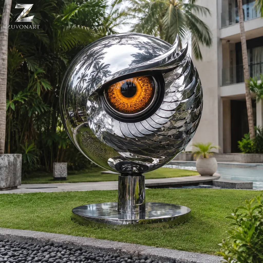A rounded owl-like form emphasizes large circular eyes within a compact body.