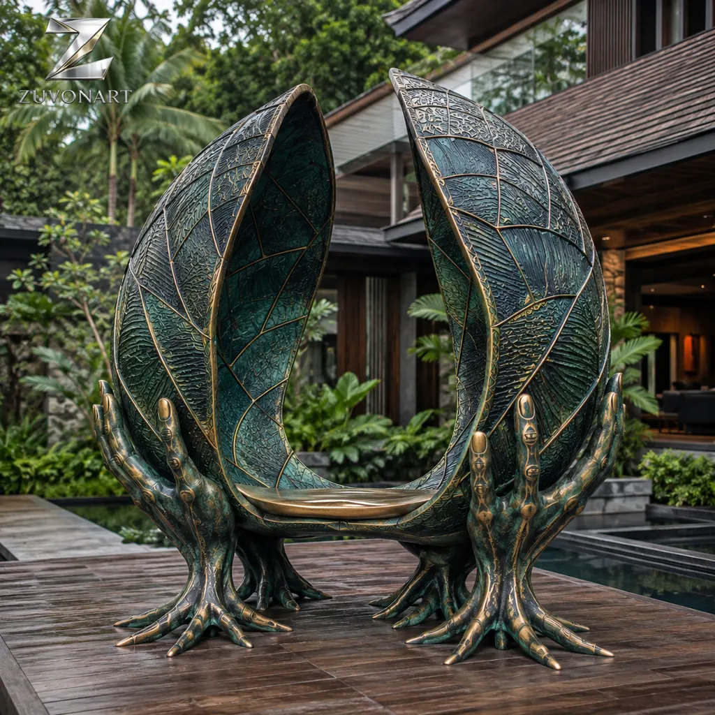 Two curving leaf-like shells meet in a low, seat-shaped sculptural composition.