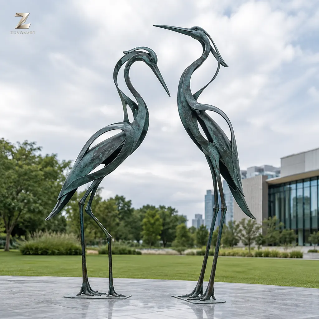 Two long-legged cranes create a paired composition with a green patina direction.