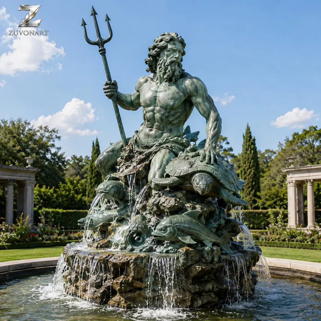 A classical sea-god figure with a trident forms the centerpiece of a fountain.
