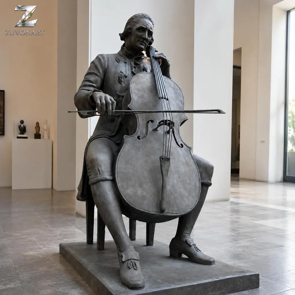 A seated cellist and instrument create a compact performance-themed composition.